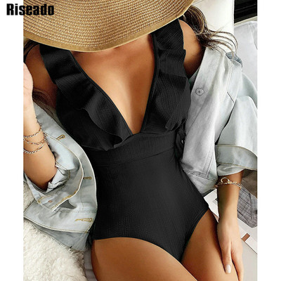 Riseado rebrasti jednodijelni kupaći kostimi Ženski kupaći kostimi s volanima 2023. Seksi jednobojni monokini s V izrezom Jednobojni kupaći kostimi na čipku Ženski kupaći kostimi