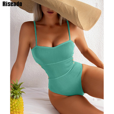 Riseado Costum de baie cu nervuri dintr-o bucată 2023 Costum de baie sexy decupat pentru femei Costum de baie solid Costum de baie pentru femei Monokini cu bretele