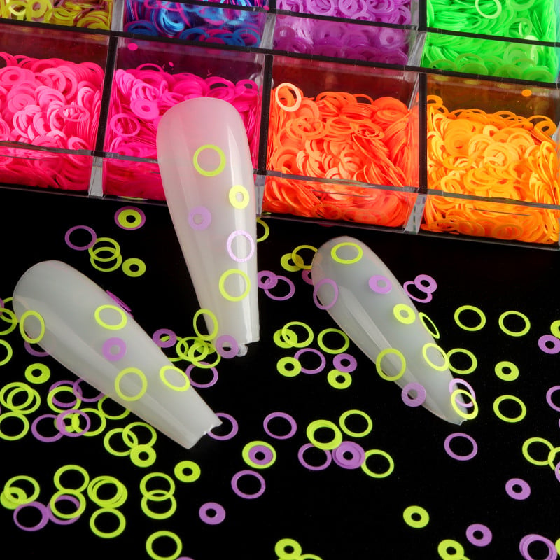 12 rács fluoreszcens üreges kör flitterek neon kerek körömdíszítés csillogó pelyhek 3D barkácsolás színes szelet körömdíszek