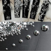 100db 3D Gothic Design Nail Pearl Charm, Punk stílusú ásványi ezüst félkerek gyöngy körömcsúcsok, DIY Nail Art Gothic kellékek