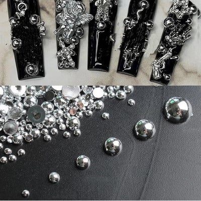 100 de bucăți 3D gotic perle de perle de unghii, stil punk argint mineral perle jumătate rotunde pentru sfaturi pentru unghii, bricolaj Nail Art Gothic