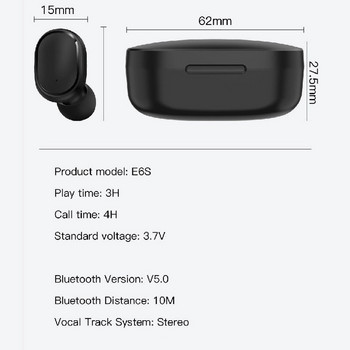 E6s интелигентен цифров дисплей, безжична bluetooth спортна слушалка, батерия, подкана за поставяне в ухото, стерео мини слушалка