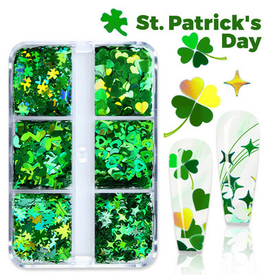 6 Πλέγματα/Κουτί St. Patrick`s Day Holo Laser Πράσινο Τριφύλλι Διακοσμητικό με παγιέτες νυχιών γκλίτερ μανικιούρ Paillette Διακοσμητικά αξεσουάρ