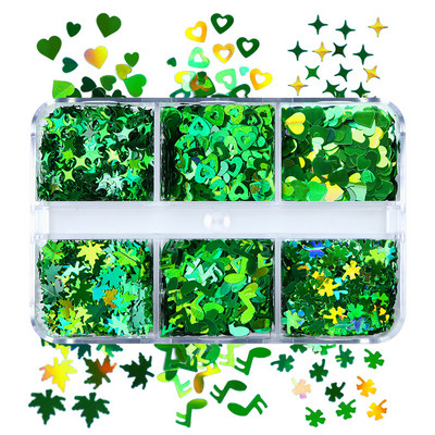 6 rács/doboz St. Patrick's Day Holo Laser Green Clover Nail Art flitter dekoráció Csillogó manikűr Paillette dísztartozékok