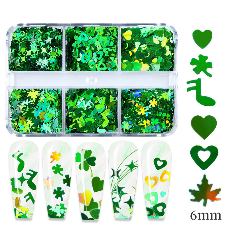 6 rács/doboz St. Patrick's Day Holo Laser Green Clover Nail Art flitter dekoráció Csillogó manikűr Paillette dísztartozékok