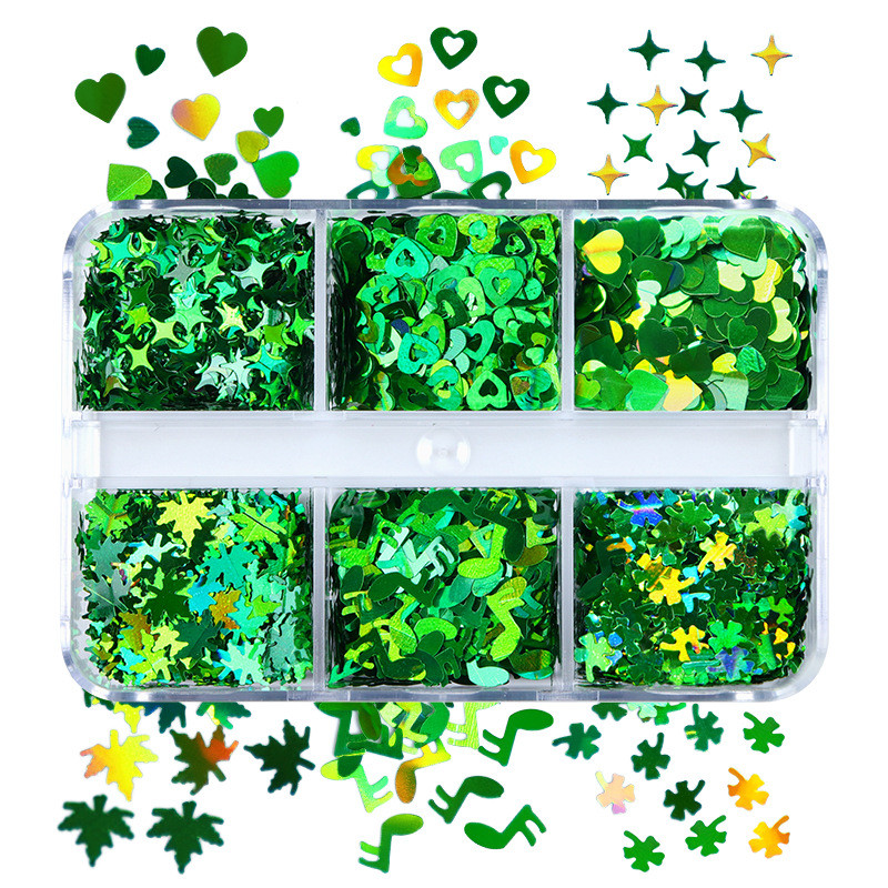 6 rács/doboz St. Patrick's Day Holo Laser Green Clover Nail Art flitter dekoráció Csillogó manikűr Paillette dísztartozékok