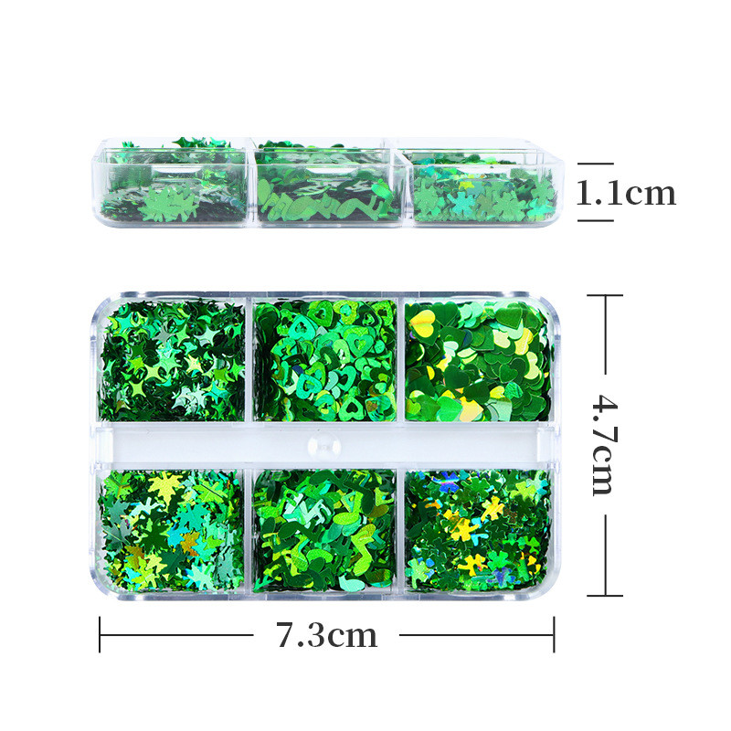 6 rács/doboz St. Patrick's Day Holo Laser Green Clover Nail Art flitter dekoráció Csillogó manikűr Paillette dísztartozékok