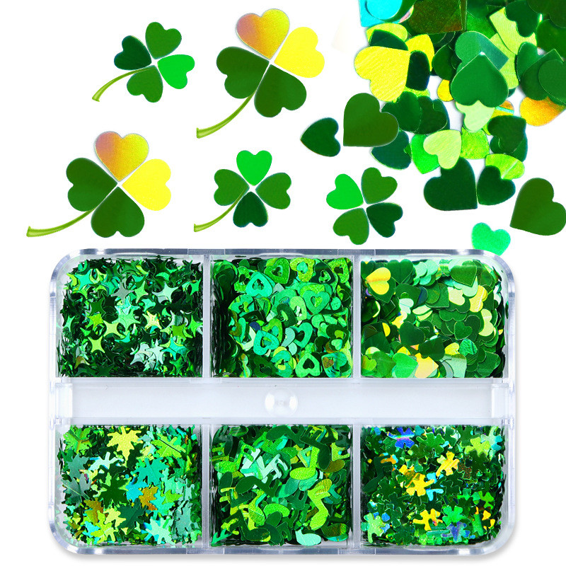 6 rács/doboz St. Patrick's Day Holo Laser Green Clover Nail Art flitter dekoráció Csillogó manikűr Paillette dísztartozékok