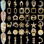 6 grile/pachet Bijuterie 3D cu sclipici pentru unghii, cu margele, împânzite cu pietre prețioase, diverse forme, cadru metalic, aliaj, nail art, știfturi cu strass, decalcomanii, manichiură