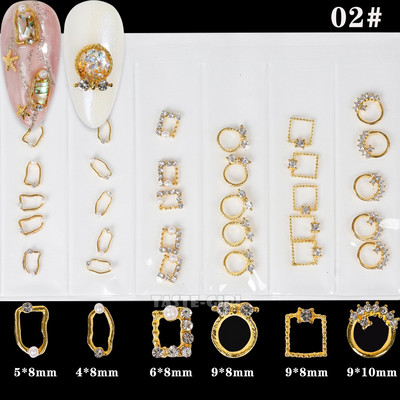 6 grile/pachet Bijuterie 3D cu sclipici pentru unghii, cu margele, împânzite cu pietre prețioase, diverse forme, cadru metalic, aliaj, nail art, știfturi cu strass, decalcomanii, manichiură