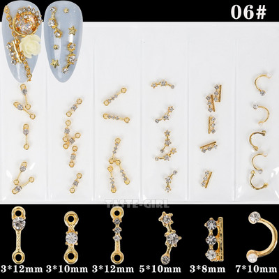 6 grile/pachet Bijuterie 3D cu sclipici pentru unghii, cu margele, împânzite cu pietre prețioase, diverse forme, cadru metalic, aliaj, nail art, știfturi cu strass, decalcomanii, manichiură