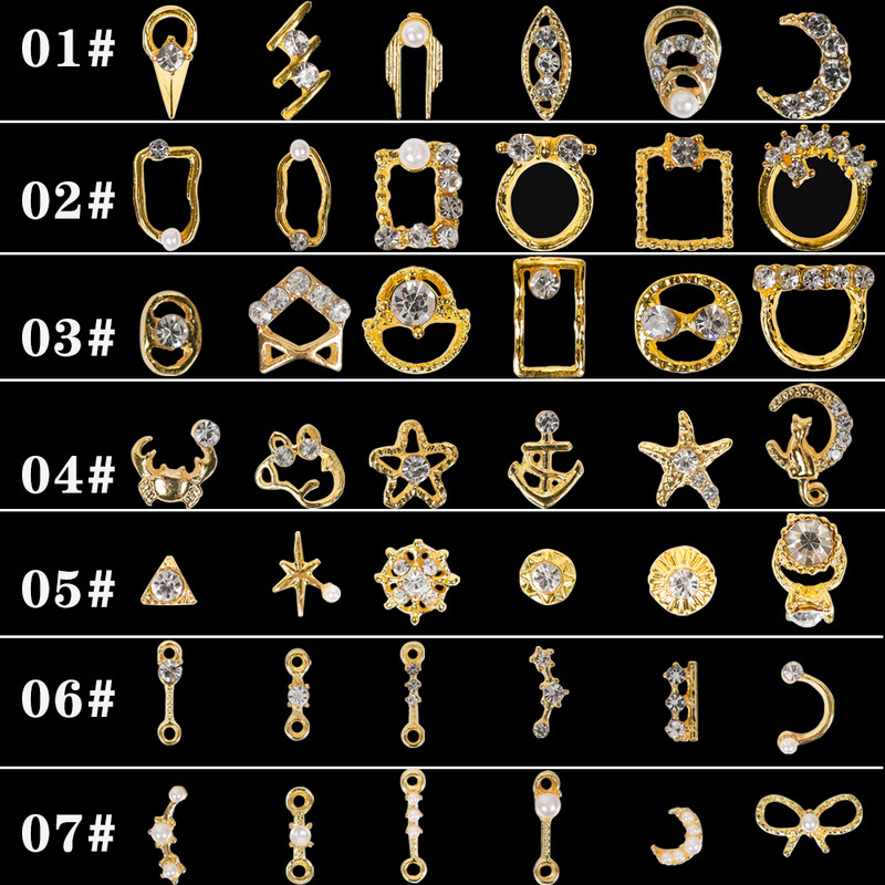 6 grile/pachet Bijuterie 3D cu sclipici pentru unghii, cu margele, împânzite cu pietre prețioase, diverse forme, cadru metalic, aliaj, nail art, știfturi cu strass, decalcomanii, manichiură