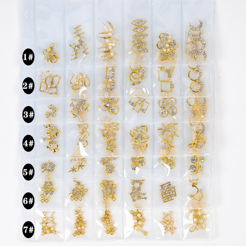 6 grile/pachet Bijuterie 3D cu sclipici pentru unghii, cu margele, împânzite cu pietre prețioase, diverse forme, cadru metalic, aliaj, nail art, știfturi cu strass, decalcomanii, manichiură