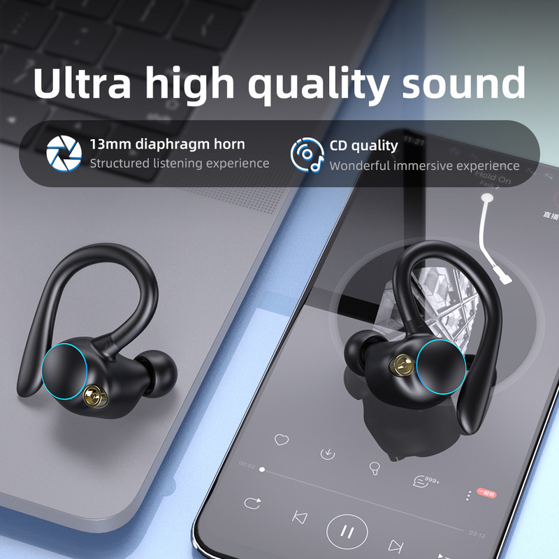 Căști sport Bluetooth 5.2 Căști fără fir Căști cu anulare a zgomotului Câști pentru urechi IPX7 Căști impermeabile 10H HiFi Music Time