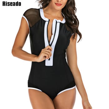 Riseado Patchwork One Piece Swimsuit 2023 Sexy Mesh Μαγιό Γυναικείες φόρμες για σέρφινγκ Μαγιό με φερμουάρ Rash Guard κοντά μανίκια