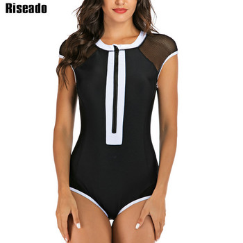 Riseado Patchwork One Piece Swimsuit 2023 Sexy Mesh Μαγιό Γυναικείες φόρμες για σέρφινγκ Μαγιό με φερμουάρ Rash Guard κοντά μανίκια