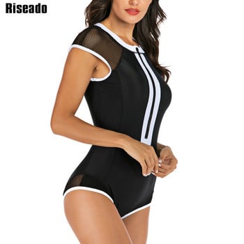 Riseado Patchwork One Piece Swimsuit 2023 Sexy Mesh Μαγιό Γυναικείες φόρμες για σέρφινγκ Μαγιό με φερμουάρ Rash Guard κοντά μανίκια