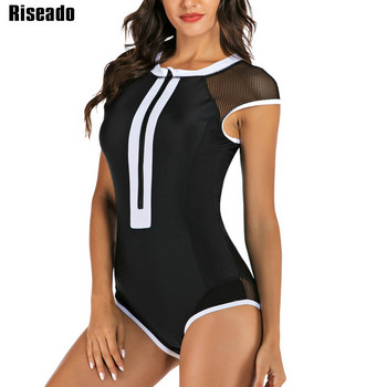 Riseado Patchwork One Piece Swimsuit 2023 Sexy Mesh Μαγιό Γυναικείες φόρμες για σέρφινγκ Μαγιό με φερμουάρ Rash Guard κοντά μανίκια