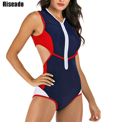 Riseado Rash Guard Γυναικεία Αθλητικό μαγιό 2023 Μαγιό με φερμουάρ Μαγιό για σέρφινγκ Μαύρο Beachwear XXL