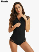 Riseado Zips Front One Piece Swimwear 2023 Sieťované plavky pre ženy s krátkym rukávom, čierne body, športové plážové oblečenie