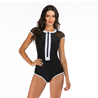 Riseado Zips Front One Piece Swimwear 2023 Sieťované plavky pre ženy s krátkym rukávom, čierne body, športové plážové oblečenie