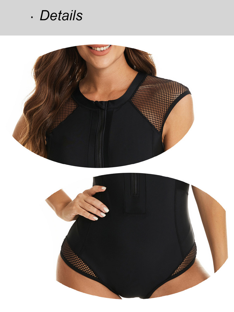 Riseado Zips Front One Piece Swimwear 2023 Sieťované plavky pre ženy s krátkym rukávom, čierne body, športové plážové oblečenie