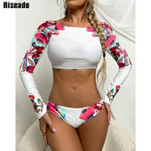 Riseado seksi bikini s cvjetnim printom, kupaći kostim dugih rukava, ženski kupaći kostim s širokim izrezom, novi ženski kupaći kostim iz 2023., novi biquinis set Crop Top Odjeća za plažu