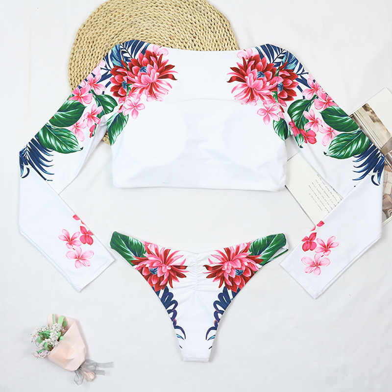Riseado seksi bikini s cvjetnim printom, kupaći kostim dugih rukava, ženski kupaći kostim s širokim izrezom, novi ženski kupaći kostim iz 2023., novi biquinis set Crop Top Odjeća za plažu