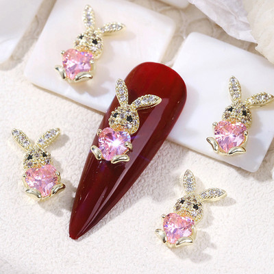 Embrace Heart Gem Rabbit Nail Art Charms 3db/táska Cirkon strasszból Lovely Nyuszi Fém Dekoráció Kawaii Húsvéti Manikűr Dísz