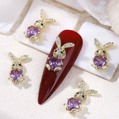 Embrace Heart Gem Rabbit Nail Art Charms 3db/táska Cirkon strasszból Lovely Nyuszi Fém Dekoráció Kawaii Húsvéti Manikűr Dísz