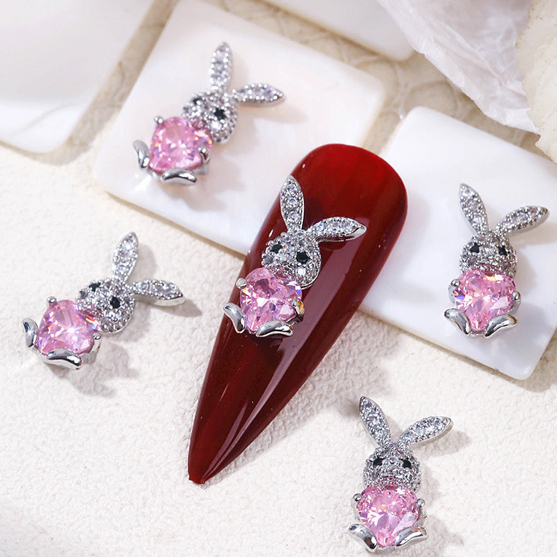 Embrace Heart Gem Rabbit Nail Art Charms 3db/táska Cirkon strasszból Lovely Nyuszi Fém Dekoráció Kawaii Húsvéti Manikűr Dísz