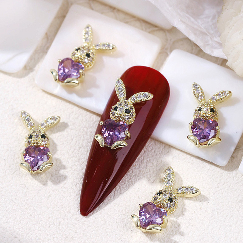 Embrace Heart Gem Rabbit Nail Art Charms 3db/táska Cirkon strasszból Lovely Nyuszi Fém Dekoráció Kawaii Húsvéti Manikűr Dísz