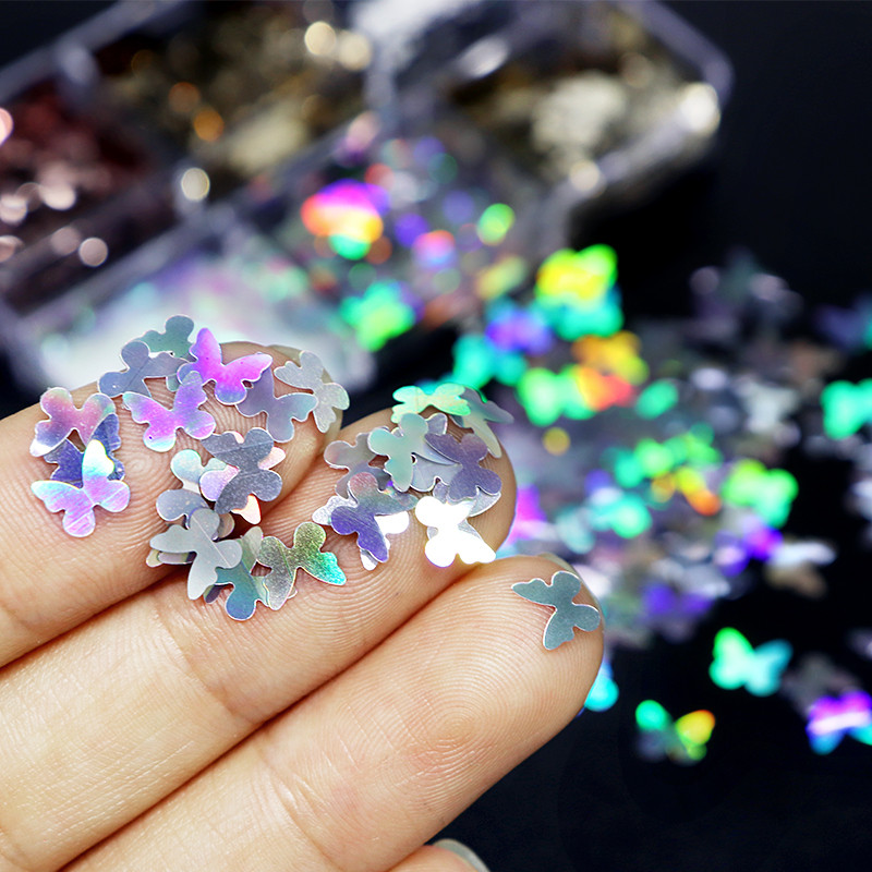 6 mm-es pillangó körmök flitterek holografikus csillogó dekorációk manikűr kiegészítők pelyhek készlet lézeres tervezés 3D köröm varázsa díszek