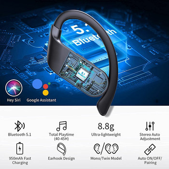 Ασύρματα ακουστικά Bluetooth 5.1 Στερεοφωνικά αθλητικά ακουστικά in-ear, ακουστικά ακύρωσης θορύβου με ακουστικά μικροφώνου για αθλήματα
