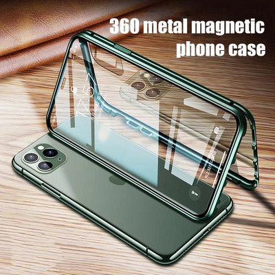 Магнитен калъф с пълна защита 360 за iPhone 14 13 12 11 Pro Max двустранно стъклено адсорбционно покритие X XR XS Max 8 7 Plus броня