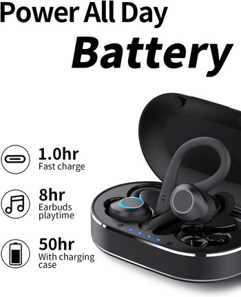 Ασύρματα ακουστικά Bluetooth 5.1 Ακουστικά για αθλήματα 50 ώρες Παίξτε Στερεοφωνικά ακουστικά HiFi Ακύρωση θορύβου Ακουστικά αυτιών με μικρόφωνο