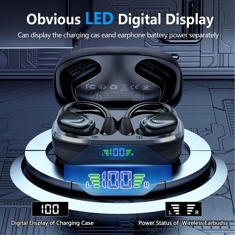 Căști Bluetooth 5.3 Căști adevărate fără fir cu microfon Control buton Reducere zgomot Cârlige pentru urechi Căști impermeabile pentru sport