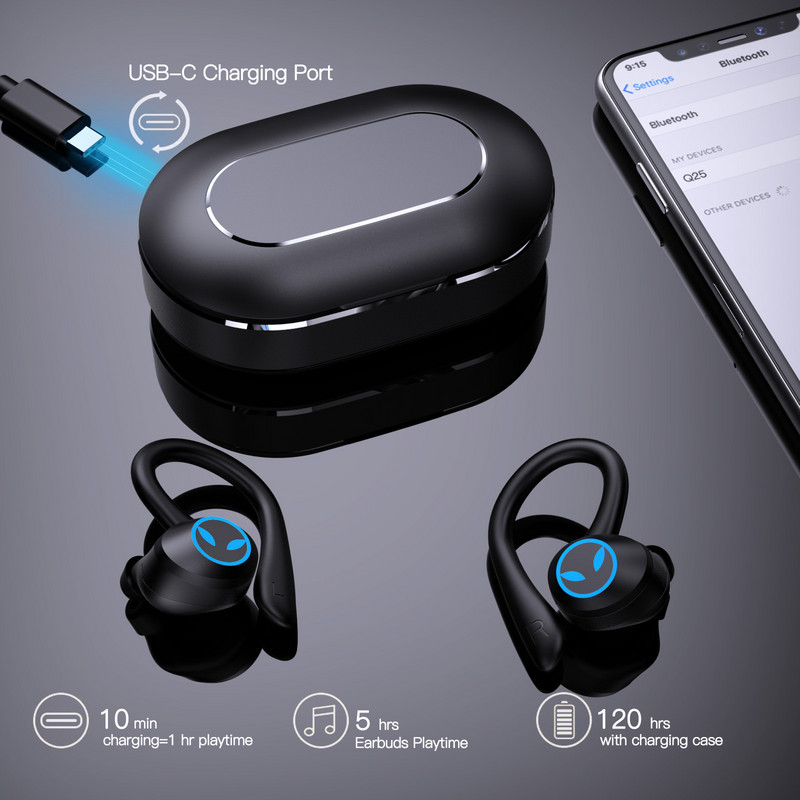 TWS Bluetooth-kompatibilis fülhallgató IPX7 vízálló vezeték nélküli 5.1 fejhallgató sportzajcsökkentő fülhallgató mikrofonos fejhallgatóval