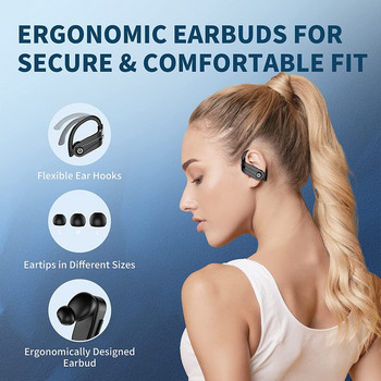 Слушалки Спорт, Bluetooth 5.3 слушалки за поставяне в ушите с кука, стерео CVC 8.0 шумопотискащи слушалки, IPX7 водоустойчиви за спорт