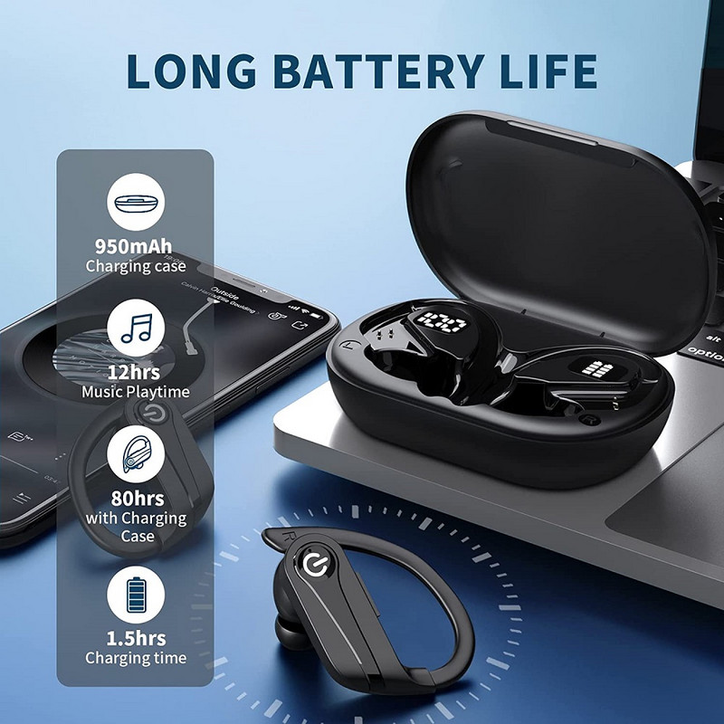 Sport kõrvaklapid, Bluetooth 5.3 kõrvasisene peakomplekt koos konksuga Stereo CVC 8.0 mürasummutavate kõrvaklappidega, IPX7 veekindel sportimiseks