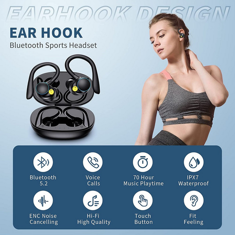 Új TWS Bluetooth 5.2 fülhallgató mikrofonnal, Sport Ear Hook vezeték nélküli fejhallgató, sztereó vízálló fejhallgató, kompatibilis Xiaomi telefon