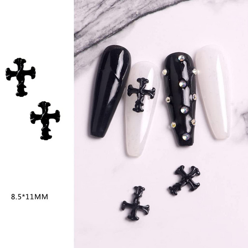 50db fém kereszt körömbűbáj 11x8mm fekete-fehér antik köröm dekorációs kiegészítők színes 3d drágakövek strassz körömvégekhez