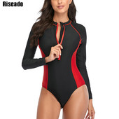 Riseado Moteriškas maudymosi kostiumėlis su užtrauktuku priekyje, vientisas sportinis Rashguard maudymosi kostiumėlis ilgomis rankovėmis moterims Paplūdimio kostiumas.