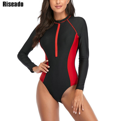 Riseado Moteriškas maudymosi kostiumėlis su užtrauktuku priekyje, vientisas sportinis Rashguard maudymosi kostiumėlis ilgomis rankovėmis moterims Paplūdimio kostiumas.
