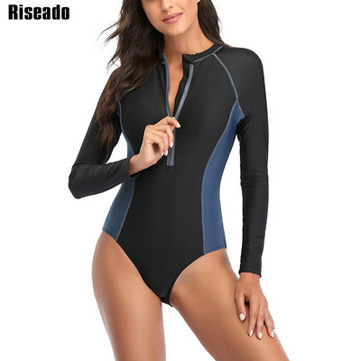 Riseado Moteriškas maudymosi kostiumėlis su užtrauktuku priekyje, vientisas sportinis Rashguard maudymosi kostiumėlis ilgomis rankovėmis moterims Paplūdimio kostiumas.