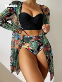 Riseado Bikini 3 piese cu costum de baie kimono Femei 2023 Costum de baie cu talie înaltă Costum de baie cu push-up îmbrăcat îmbrăcăminte de plajă cu imprimeu tropical