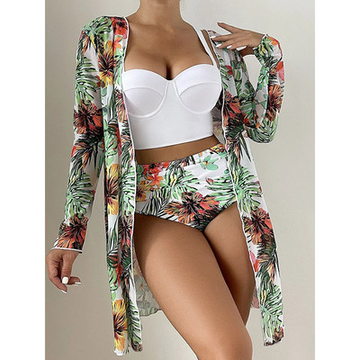 Riseado Bikini 3 piese cu costum de baie kimono Femei 2023 Costum de baie cu talie înaltă Costum de baie cu push-up îmbrăcat îmbrăcăminte de plajă cu imprimeu tropical