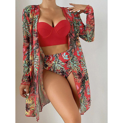 Riseado Bikini 3 piese cu costum de baie kimono Femei 2023 Costum de baie cu talie înaltă Costum de baie cu push-up îmbrăcat îmbrăcăminte de plajă cu imprimeu tropical