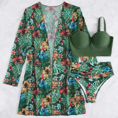Riseado Bikini 3 piese cu costum de baie kimono Femei 2023 Costum de baie cu talie înaltă Costum de baie cu push-up îmbrăcat îmbrăcăminte de plajă cu imprimeu tropical
