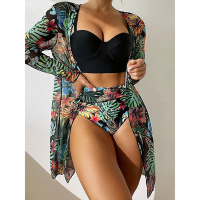 Riseado Bikini 3 piese cu costum de baie kimono Femei 2023 Costum de baie cu talie înaltă Costum de baie cu push-up îmbrăcat îmbrăcăminte de plajă cu imprimeu tropical